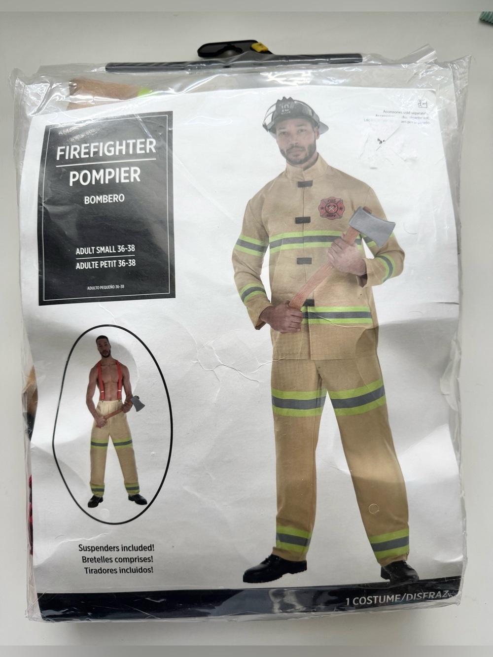 Firefighter Costume with Reflective Stripes - Tan in colour - Adult small 36-38